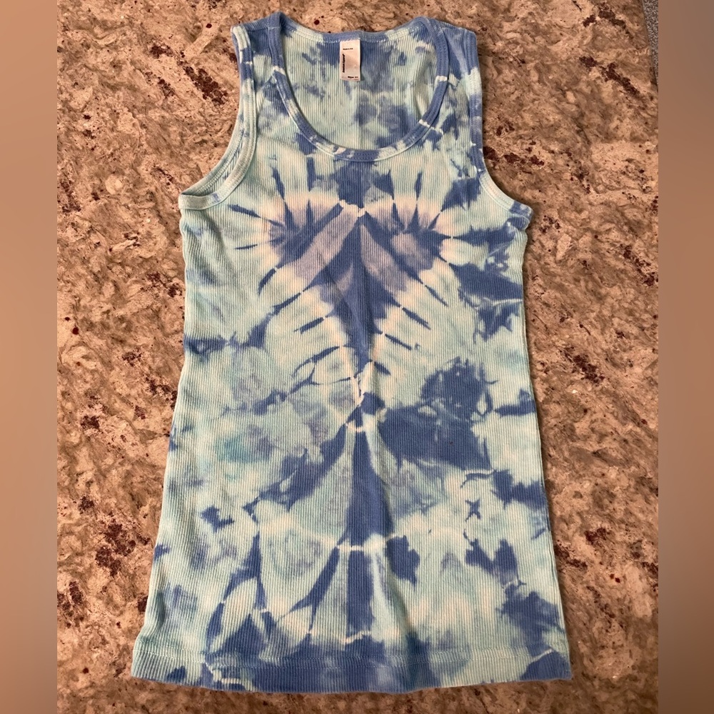 American Apparel Girls Blue Tie Dye Heart Ribbed Tank Top Size 10
